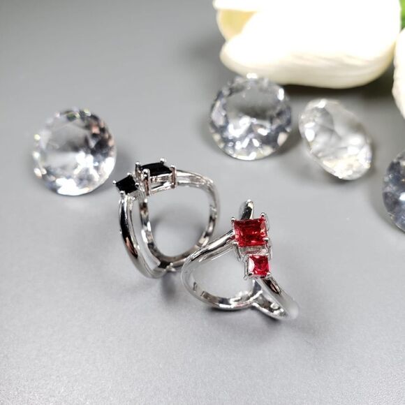 Brand New Black & Red Stone Silver Couple Rings #1 - Picture 2 of 7